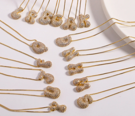 Bubble Letter Necklace with Pave Zirconia Detailing - Customizable Initial - Gold/Silver Color. Gift. layer friendly option