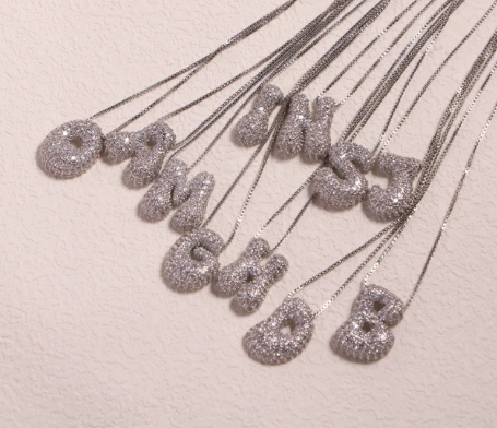 Bubble Letter Necklace with Pave Zirconia Detailing - Customizable Initial - Gold/Silver Color. Gift. layer friendly option