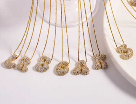 Bubble Letter Necklace with Pave Zirconia Detailing - Customizable Initial - Gold/Silver Color. Gift. layer friendly option