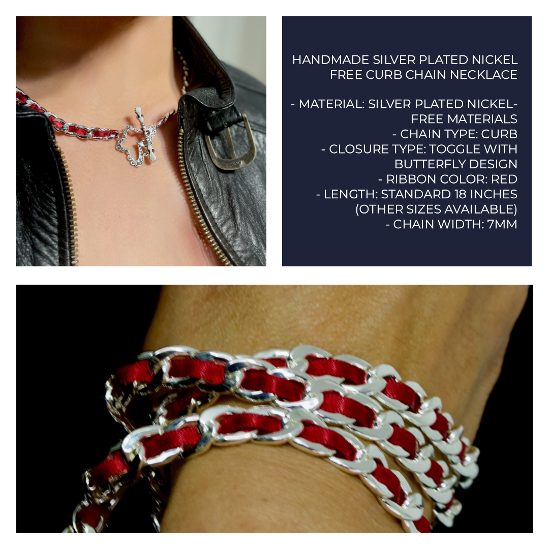 Collar de cadena barbada sin níquel bañado en plata con lazo rojo. Precioso cierre de mariposa.
