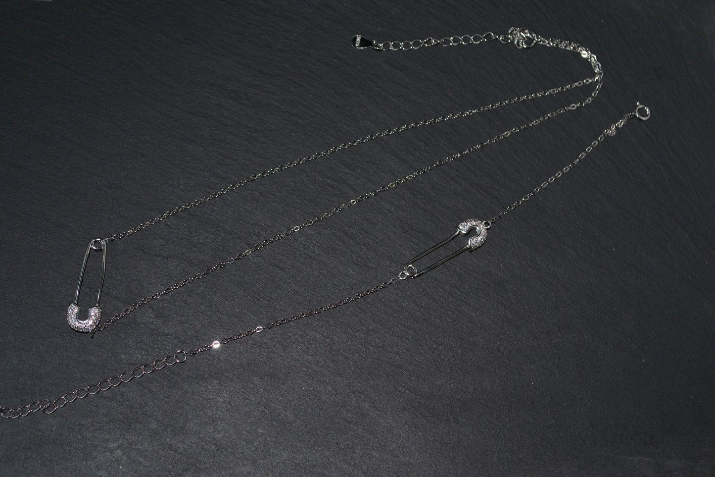 Safety Pin CZ Bracelet Necklace Set. 925 Sterling Silver - Delicate Design for Women and Girls. Gift for her. Everyday Jewelry