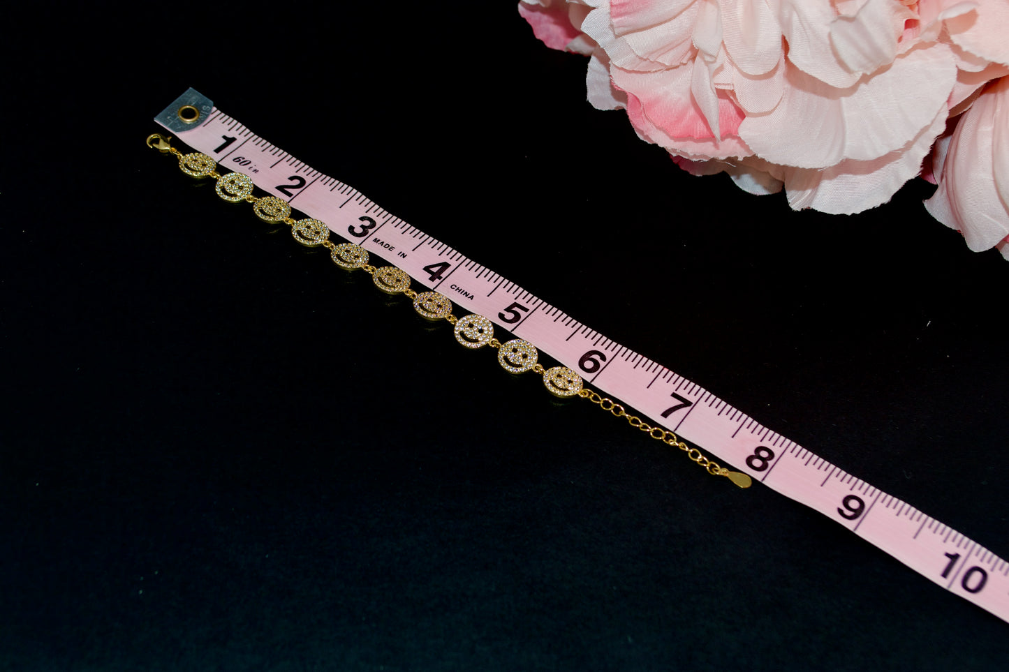 Happy Vibes. Smiley Face, Gold-Plated, Silver Bracelet, Features Cubic Zirconia Detailing. Positive Vibes.  2024 Summer Must-Have Trend. Adjustable, Fashionista