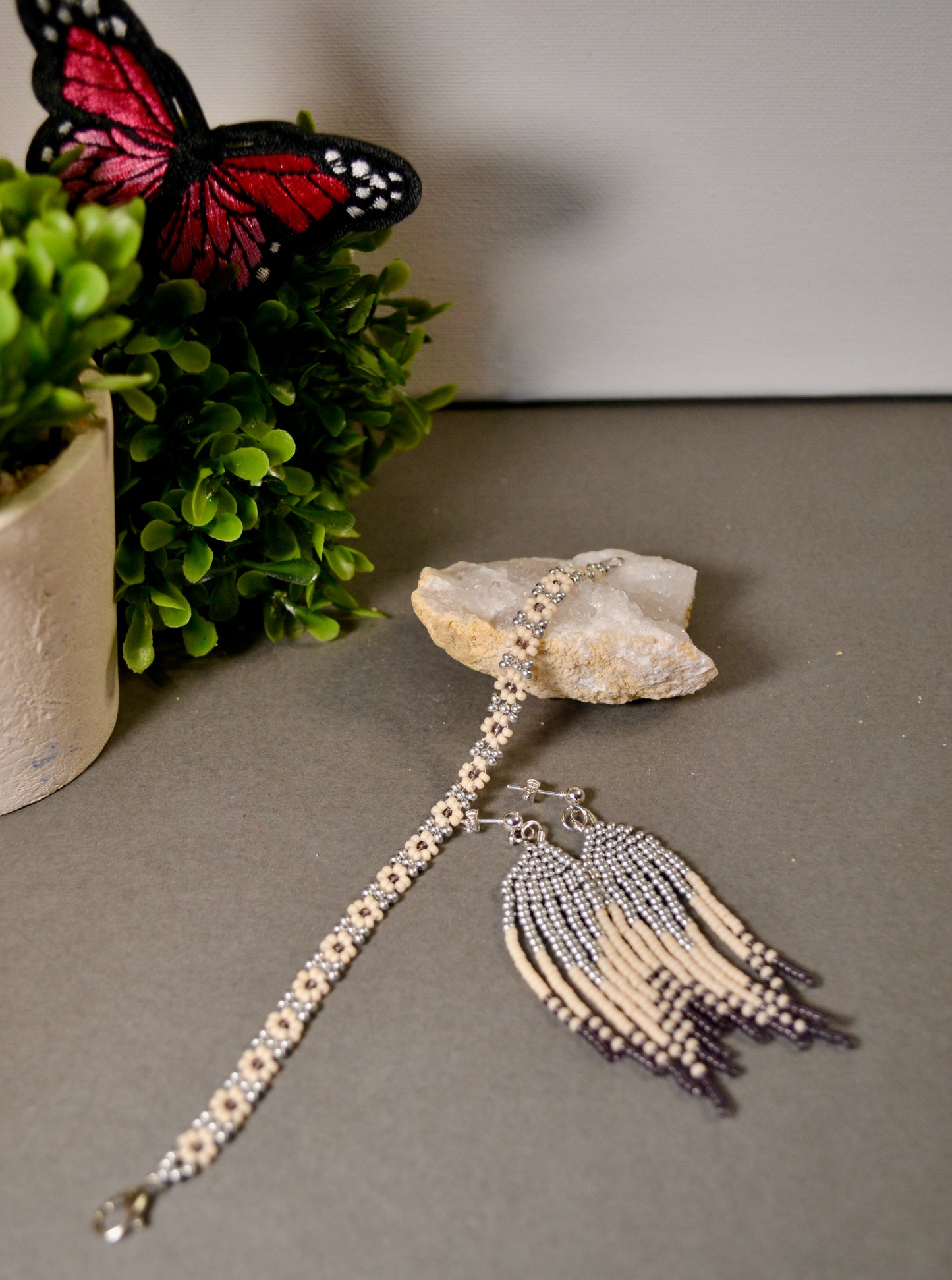 Tassel / Fringe earrings, beaded drop style, statement earrings, daisy seed flower bracelet by Gigi's