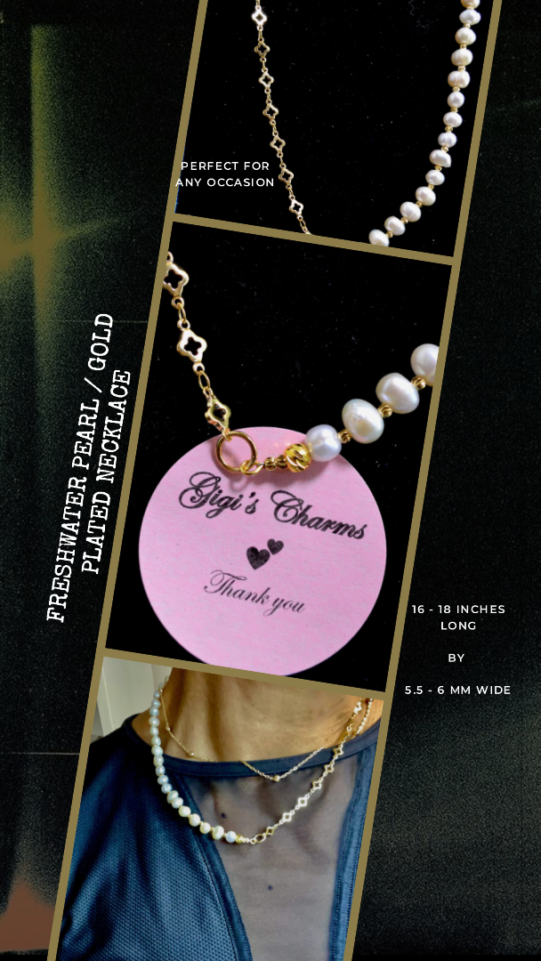 Collar de perlas naturales de agua dulce chapado en oro de 14 quilates. Mitad cadena chapada en oro y mitad perlas de agua dulce. Versátil. Unisex hecho a mano, Gigi's