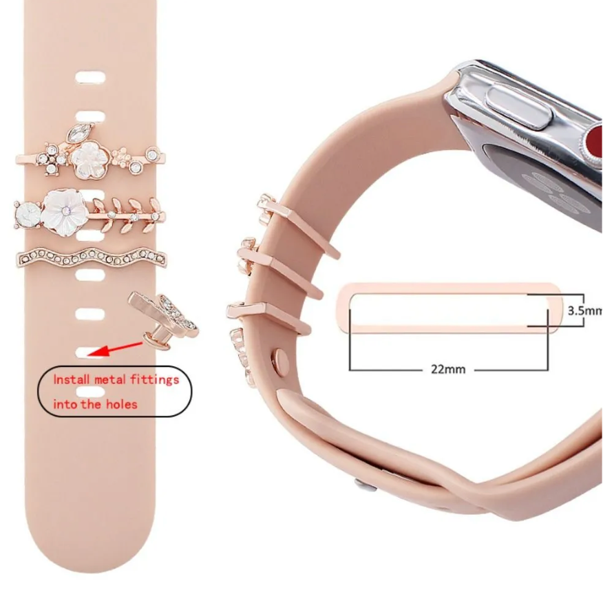 Dijes decorativos para correas de reloj. Se adapta a las bandas Apple Silicone y FitBit. 20-22 mm de ancho. Gran idea para un regalo.